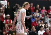  ?? TONY AVELAR — THE ASSOCIATED PRESS ?? Stanford forward Cameron Brink reacts after scoring against UCLA on Feb. 4in Stanford, Calif.