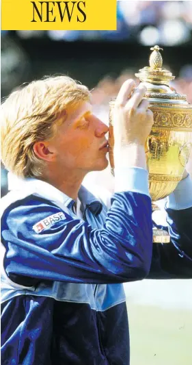  ?? ALLSPORT UK / ALLSPORT ?? Boris Becker kisses the winner’s trophy after capturing the Wimbledon men’s title in 1985. Becker’s trophy from the tournament is one of two that remain missing.