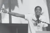  ?? ANTONIO PEREZ/CHICAGO TRIBUNE ?? Chicago Sky forward/center Candace Parker speaks during a celebratio­n of the Sky’s WNBA title Oct. 19 in Chicago.