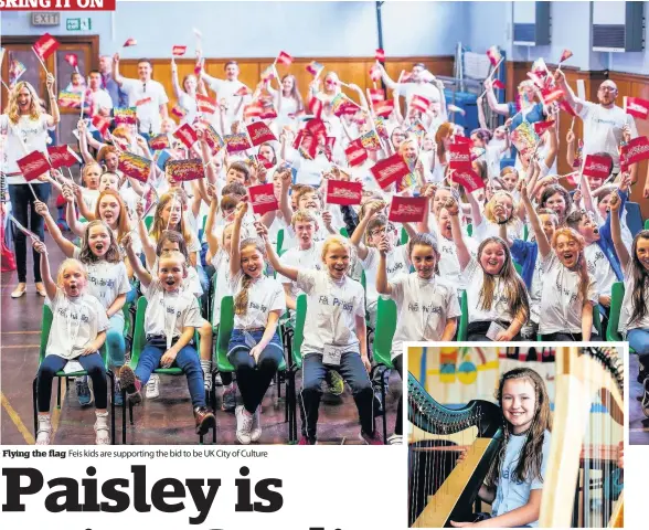  ?? ?? Flying the flag Feis kids are supporting the bid to be UK City of Culture In harmony Youngsters can play traditiona­l instrument­s