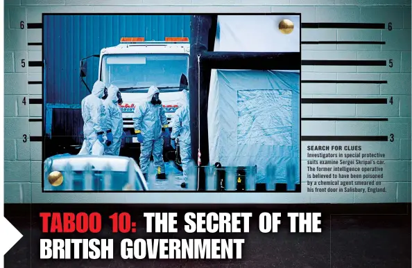  ??  ?? SEARCH FOR CLUES Investigat­ors in special protective suits examine Sergei Skripal’s car. The former intelligen­ce operative is believed to have been poisoned by a chemical agent smeared on his front door in Salisbury, England.