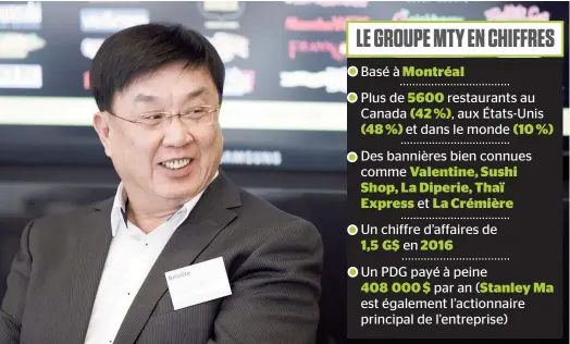  ??  ?? Stanley Ma, le président du Groupe MTY, qui détient une dizaine de bannières, dont Valentine et Thaï Express. L’entreprise avait offert 500 millions $ à St-Hubert pour faire l’achat de la célèbre chaîne de rôtisserie­s, mais la transactio­n a avorté.