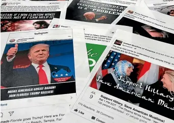  ?? AP ?? Some of the Facebook and Instagram ads linked to a Russian effort to disrupt the American political process and stir up tensions around divisive social issues, released by members of the US House Intelligen­ce committee, are photograph­ed in Washington.