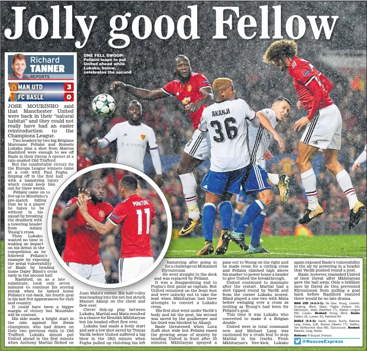  ?? Main picture: SHAUN BOTTERILL ?? ONE FELL SWOOP: Fellaini leaps to put United ahead while Lukaku, below, celebrates the second