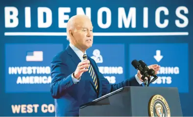  ?? SEAN RAYFORD/GETTY ?? President Joe Biden speaks about his economic plan July 6 at the Flex LTD manufactur­ing plant in South Carolina.