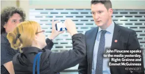  ?? KEVIN SCOTT ?? John Finucane speaks to the media yesterday.Right: Grainne and Emmet McGuinness