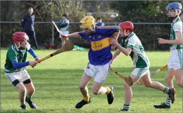  ??  ?? Tadhg Hayes of St. Mary’s (Rosslare) under pressure from David McCarthy and Niall Cullen.