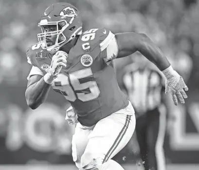  ?? STEVE LUCIANO/AP ?? Chiefs defensive tackle Chris Jones rushes against the 49ers during Super Bowl 58 on Feb. 11. Jones’ 20% pass-rush win rate trailed only the Rams’ Aaron Donald among defensive tackles, according to ESPN.