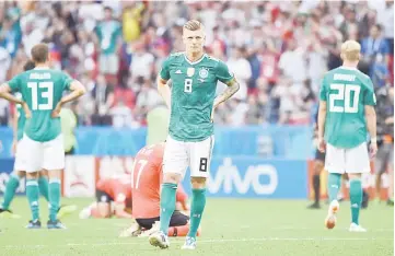  ??  ?? Germany’s Toni Kroos reacts following his team’s loss during the Russia 2018 World Cup Group F match against South Korea at the Kazan Arena in Kazan. — AFP photo