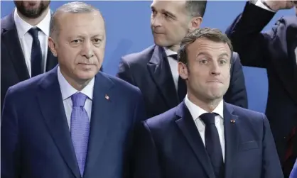  ??  ?? Turkey’s president, Recep Tayyip Erdoğan (left) with the French president, Emmanuel Macron, in January. Photograph: Michael Sohn/AP