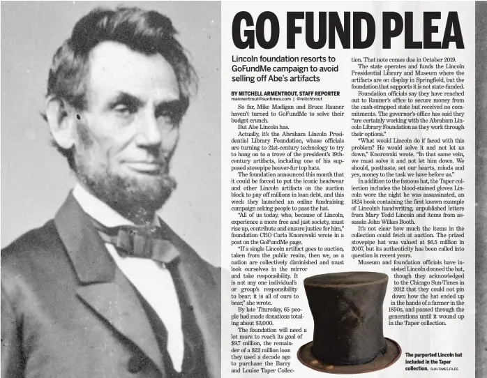  ?? SUN- TIMES FILES ?? The purported Lincoln hat included in the Taper collection.