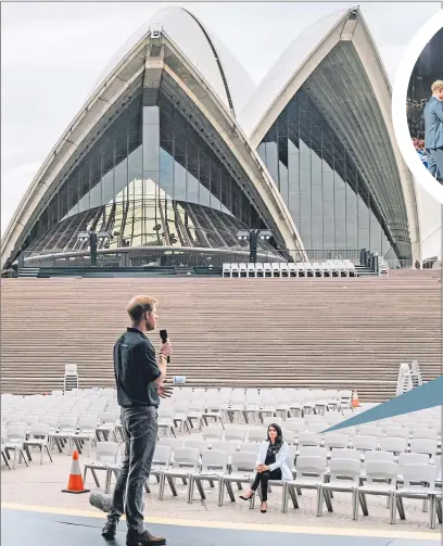  ??  ?? Meghan looks on as Harry practises for the Invictus Games opening ceremony. Inset: Giving his speech