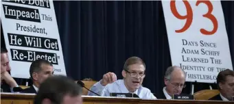  ?? AP FILE ?? SO MANY QUESTIONS: Rep. Jim Jordan, R-Ohio, questions career Foreign Service officer George Kent and top U.S. diplomat in Ukraine William Taylor in Washington Wednesday during the first public impeachmen­t hearing for President Trump.