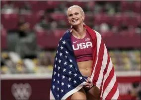  ?? FRANCISCO SECO — THE ASSOCIATED PRESS ?? Gold medalist Katie Nageotte celebrates after winning the final of the women’s pole vault at the 2020Summer Olympics, Thursday, Aug. 5, 2021, in Tokyo.