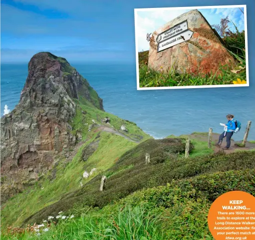  ?? ?? WAYFINDING
Checking the map at Hartland Point in Devon, but navigating coastal paths is often as simple as ‘keep sea on same side’.
Inset: An acorn symbol waymarks all the national trails of England and Wales, including the South West Coast Path.