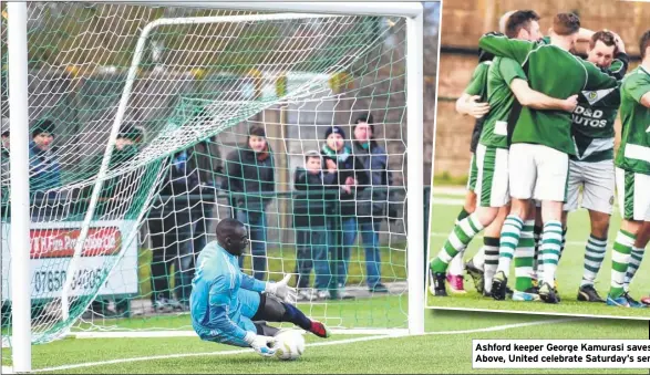  ??  ?? Ashford keeper George Kamurasi saves a penalty in the shoot-out against Corinthian. Above, United celebrate Saturday’s semi-final success