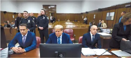  ?? Reuters-Yonhap ?? Former US President Donald Trump (center) sits in the courtroom during his trial in New York on Tuesday.