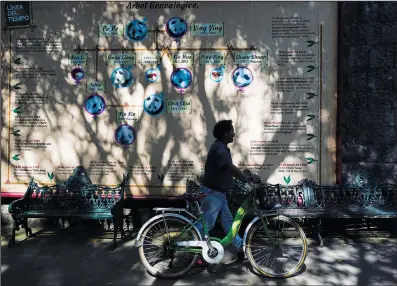  ?? ?? A visitor walks his bike past a mural that illustrate­s the family tree of Xin Xin.