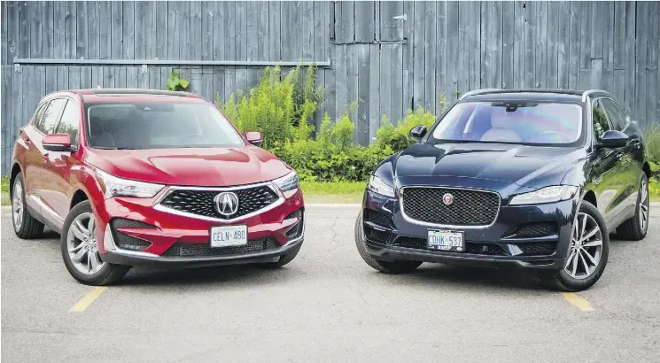  ?? NICK TRAGIANIS ?? The 2019 Acura RDX, left, and the 2018 Jaguar F-Pace. While both get top marks in their class, Brian Harper and Nick Tragianis felt the Acura delivered more bang for the buck.