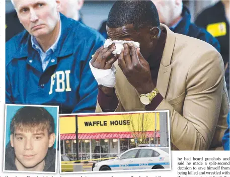  ?? Picture: AP ?? Hero James Shaw (main) wipes tears away during a press conference on the shooting at the Waffle House (above, right) by Travis Reinking (above, left).