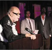  ?? Jon Shapley / Houston Chronicle ?? Ray Hill, left, speaks at a preview party for a documentar­y short “The Trouble With Ray,” accompanie­d by producers Travis Johns, center, and Jarrod Gullett at the Alley Theatre. Johns and Gullett are making a full-length documentar­y on Hill with the...