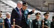  ?? MARK SCHIEFELBE­IN / THE NEW YORK TIMES ?? U.S. Secretary of Defense Jim Mattis meets with his Chinese counterpar­t, Gen. Wei Fenghe, in Beijing on Thursday before heading to South Korea. Mattis said the United States would maintain current troop levels in South Korea.