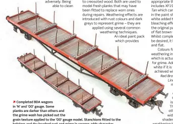  ??  ?? Ò Completed BDA wagons in ‘N' and ‘OO' gauge. Some planks are darker than others and the grime wash has picked out the grain texture applied to the ‘OO' gauge model. Stanchions fitted to the bolsters and dry brushed rust and grime in corners adds character.