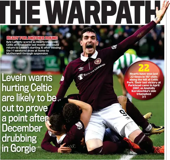  ??  ?? READY FOR ANOTHER ROUND Kyle Lafferty scored as Hearts trounced Celtic at Tynecastle last month and could return to Levein’s starting XI after missing the 1-1 weekend draw at home to Motherwell through suspension