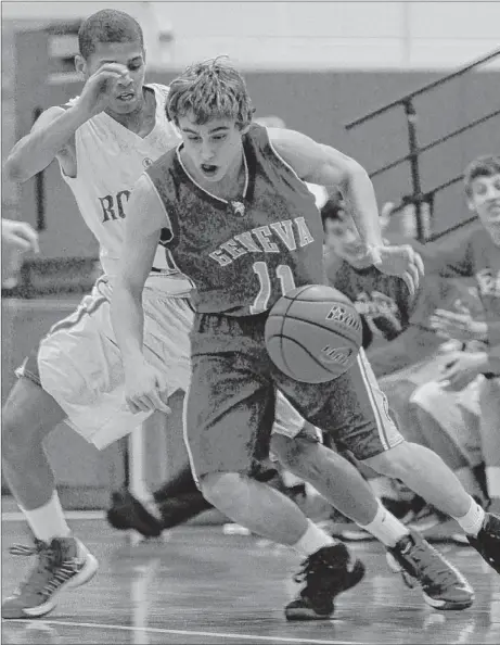  ??  ?? Larkin’s Kendale McCullum pressures Geneva’s Cam Cook (11) in the first quarter Saturday. | JOHN KONSTANTAR­AS~FOR SUN-TIMES MEDIA