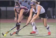  ??  ?? Camden senior Delainey Hebble harasses Clinton’s Gianna Trunfio in Class C final action on Wednesday, Oct. 30.