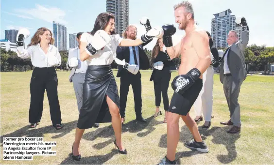  ?? ?? Former pro boxer Les Sherringto­n meets his match in Angela Escultor from IP Partnershi­p lawyers. Picture: Glenn Hampson