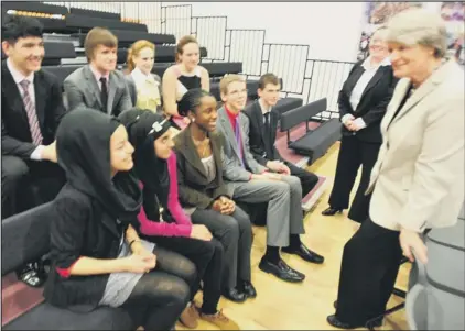  ??  ?? visit: Baroness Cohen talking to students at Jack Hunt School. (METP-04-05-12RH122) Picture: ROWLAND HOBSON.