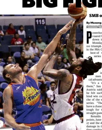  ??  ?? SMB’sRenaldo Balkman (right) draws a foul fromTNT’s Kelly Williams.