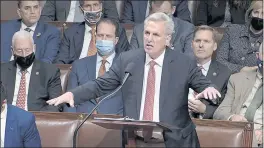  ?? HOUSE TELEVISION ?? House Minority Leader Kevin McCarthy of Calif., speaks on the House floor during debate on the Democrats’ expansive social and environmen­t bill at the U.S. Capitol on Thursday in Washington.
