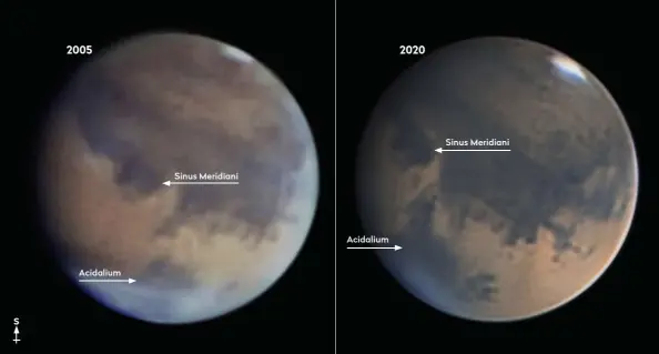  ??  ?? Acidalium
Sinus Meridiani
Acidalium
Sinus Meridiani
Two views showing changes in Acidalium over 15 years; the shape of the dark albedo feature has been altered by dust-storm activity