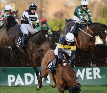  ??  ?? Powersbomb (centre), with Mikey Fogarty up, falls at the last fence during the ‘Bet Through Racing Post App’ Handicap Steeplecha­se during day one of the Leopardsto­wn Christmas Festival on St. Stephen’s Day.