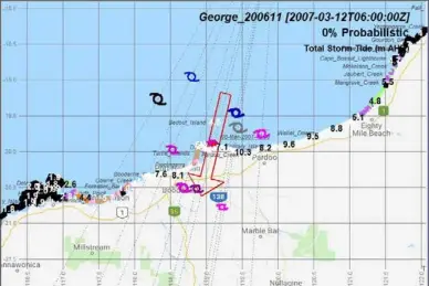  ??  ?? Bureau of Meteorolog­y radar image of Severe Category 5 Tropical Cyclone George approachin­g the Pilbara coast in March 2007 (right) and SEAtide’s ability to rapidly model uncertaint­y in track, size and intensity as well as the tidal variation, to provide statistica­l guidance on the peak storm tide impacts (left).