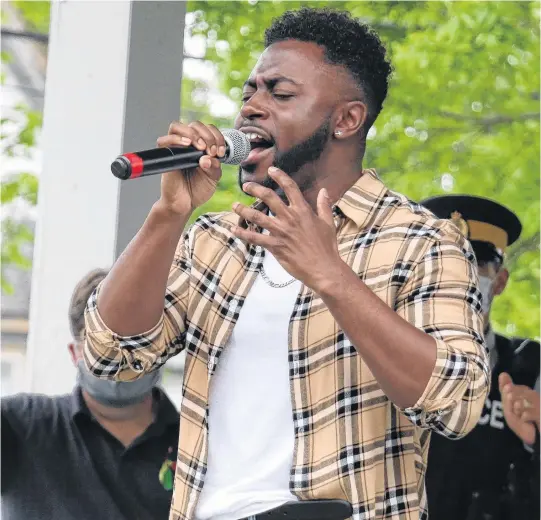  ?? CAROLE MORRIS-UNDERHILL • SALTWIRE NETWORK ?? North Preston musician Keonte Beals, seen here at a Windsor rally in June, is one of a host of performers taking part in Artists United: A Rally to Support the Black Lives Matter Movement on the Halifax waterfront on Saturday from 4 to 7 p.m.