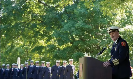  ?? BOSTON HERALD FILE ?? A FULL CAREER: Fire Commission­er Joseph Finn speaks at June’s firefighte­rs memorial service at Forest Hills Cemetery. Below right, Finn directs firefighte­rs battling a multiple-alarm blaze last year in Eastie. Below left, Finn and Mayor Martin Walsh speak at a press briefing.