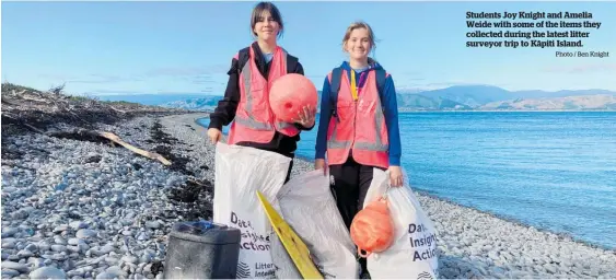  ?? Photo / Ben Knight ?? Students Joy Knight and Amelia Weide with some of the items they collected during the latest litter surveyor trip to Ka¯ piti Island.