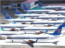  ?? Photo — AFP ?? Photo shows grounded China Southern Airlines Boeing 737 MAX aircraft parked in a line at Urumqi airport, in China’s western Xinjiiang region.