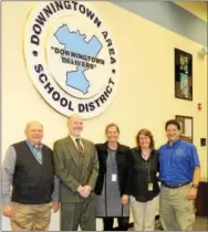  ?? SUBMITTED PHOTO ?? From left: Downingtow­n Area School District school board Vice President Carl Croft, Downingtow­n Area Education Associatio­n (DAEA) President Craig Krusen, DAEA Elementary Vice President Lauren Bold, school board President Colleen Cranney, and DAEA...