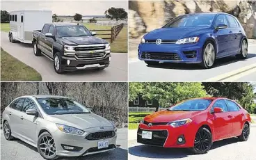  ?? DRIVING ?? Some of the most popular vehicles in the world are, clockwise from top left, the
Chevrolet Silverado, Volkswagen Golf R, Toyota Corolla, and Ford Focus.