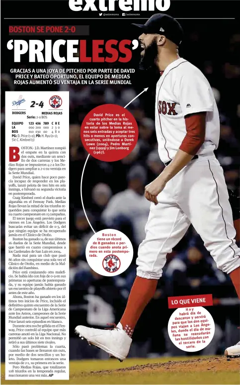  ??  ?? David Price es el cuarto pitcher en la historia de los Medias Rojas en estar sobre la loma al menos seis entradas y aceptar tres hits o menos en aperturas consecutiv­as, uniéndose a Derek Lowe (2004), Pedro Martínez (1999) y Jim Lonborg (1967).