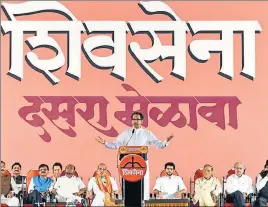  ?? PTI ?? Shiv Sena chief Uddhav Thackeray addresses a gathering during his party’s ‘dasara melava’ (the annual Dussehra rally) at Shivaji Park in Mumbai on Saturday.