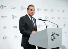  ?? REN PENGFEI / XINHUA ?? Foreign Minister Wang Yi gives the keynote speech on Saturday during the “China in the World” session at the Munich Security Conference in Germany.