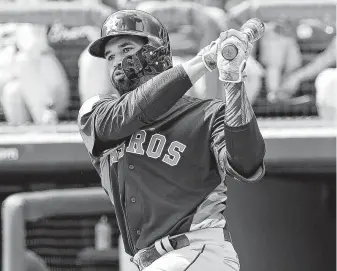  ?? John Raoux / Associated Press ?? In 17 Grapefruit League games, Nick Tanielu has hit a team-leading four home runs for the Astros. Nine of his 14 hits have been for extra bases.