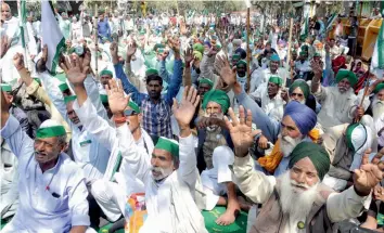  ?? — G. N. JHA ?? Farmers gather under the banner of Bharatiya Kisan Union during a protest at Jantar Mantar in New Delhi on Tuesday.