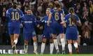  ?? Western/Colorsport/Shuttersto­ck ?? Sam Kerr celebrates with her Chelsea teammates after scoring her third goal of the night against Paris FC. Photograph: Ashley