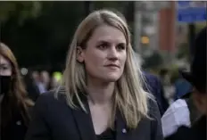  ?? Matt Dunham/Associated Press ?? Facebook whistleblo­wer Frances Haugen leaves Monday after giving evidence to the joint committee for the Draft Online Safety Bill, as part of British government plans for social media regulation, at the Houses of Parliament in London.